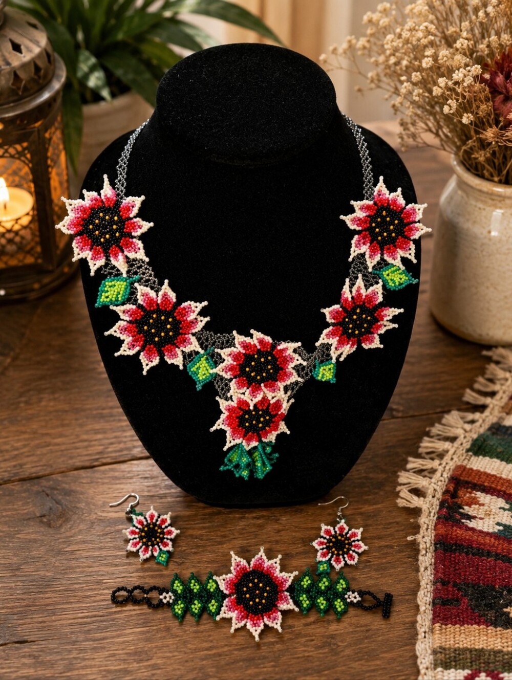 Huichol Sunflower Necklace with Bracelet and Earrings